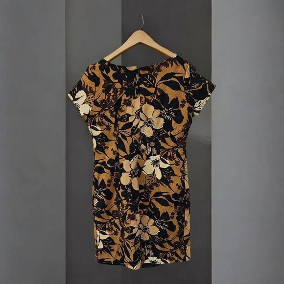 Brown Floral Shift Linen Blend Dress Size 4 Signature By Robbie Bee Tropical - Picture 2 of 9